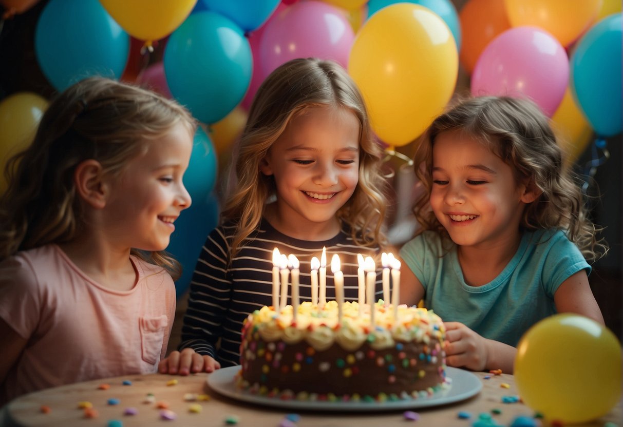 Colorful balloons, confetti, and a birthday cake with candles. Happy children playing games and opening presents. Joyful music and laughter fill the air