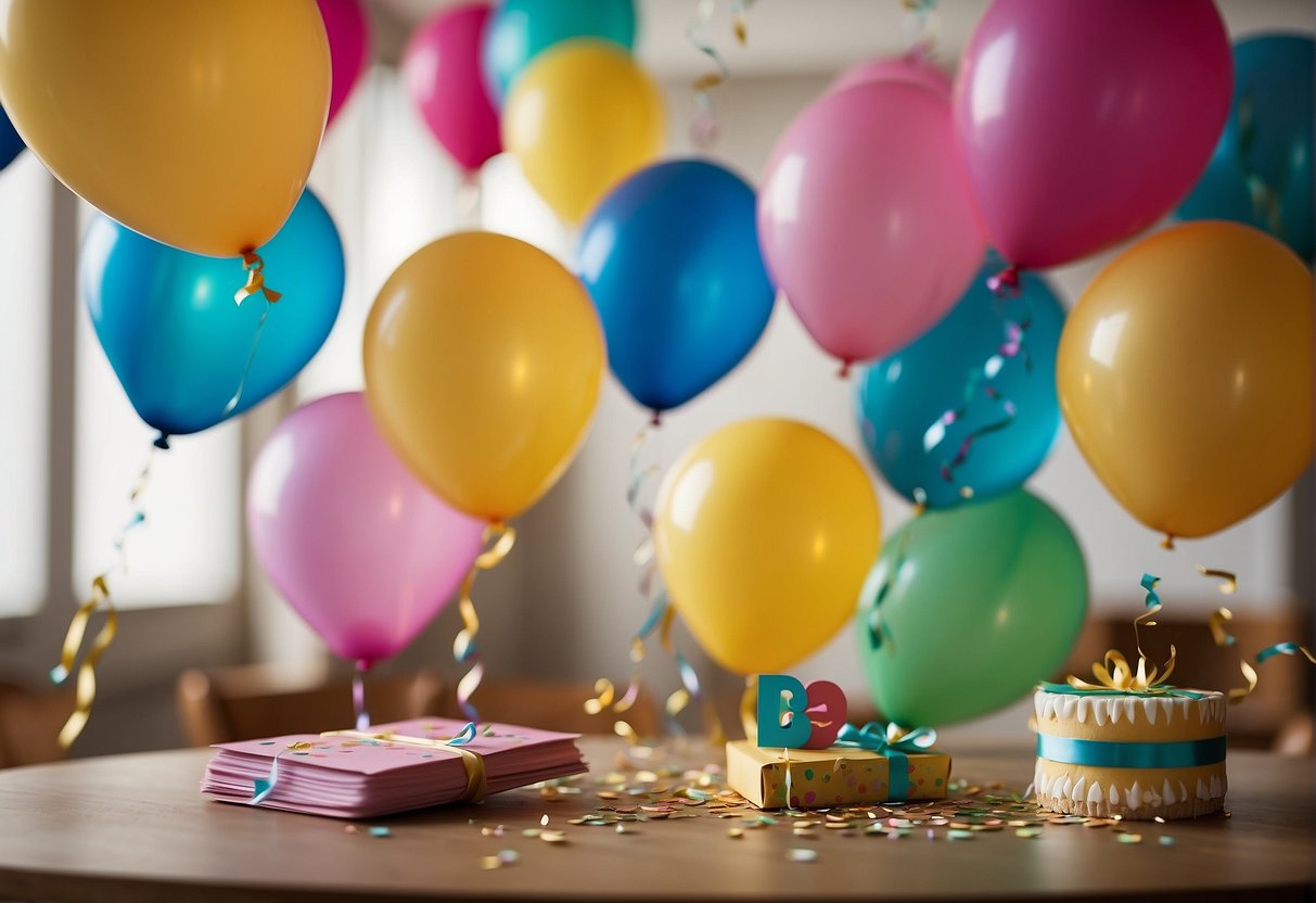 A table with colorful birthday cards, each featuring age-specific wishes and milestone illustrations. Balloons and confetti add to the festive atmosphere