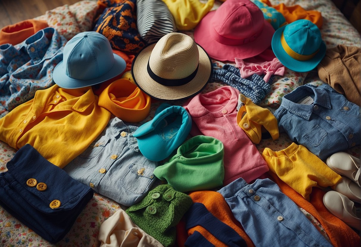 A colorful array of children's clothing scattered on a bed, with a variety of options from dresses to t-shirts and shorts, along with fun accessories like hats and sunglasses