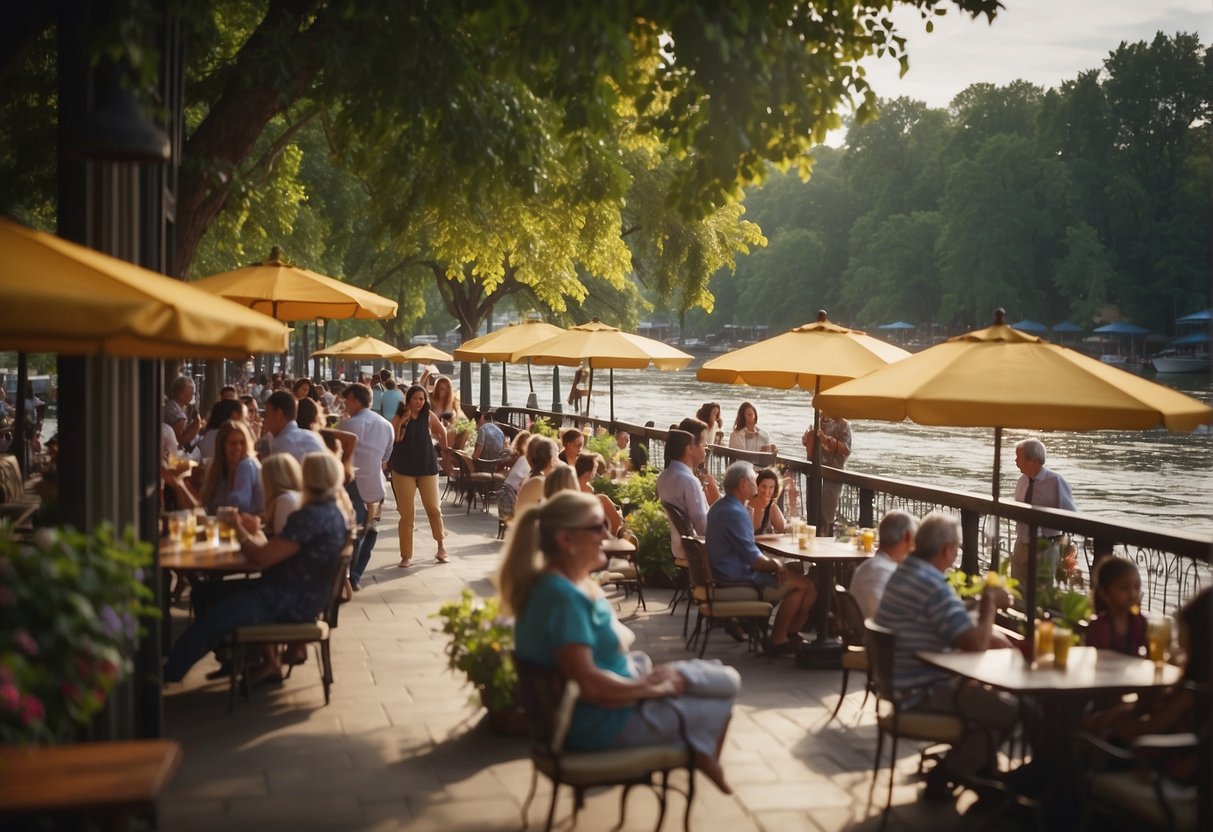 Families stroll along the river, kids play in the water fountains, and people enjoy outdoor dining at riverside restaurants. Boats cruise by, musicians perform, and colorful umbrellas line the walkway