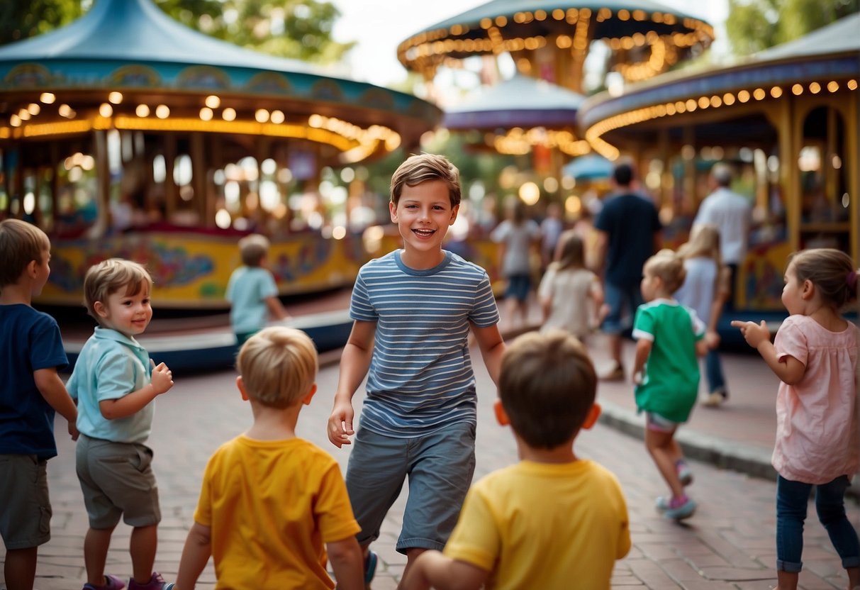 Families stroll along the vibrant River Walk, kids pointing excitedly at colorful barges floating by. Laughter fills the air as children ride the carousel and explore the interactive exhibits at the DoSeum