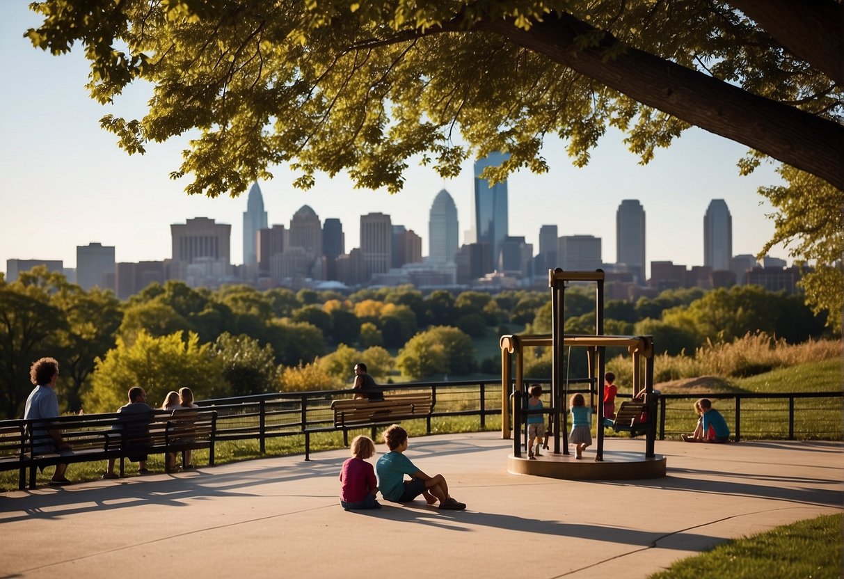 Families enjoying the Kansas City skyline from a park, with children playing on swings and slides while parents relax on benches