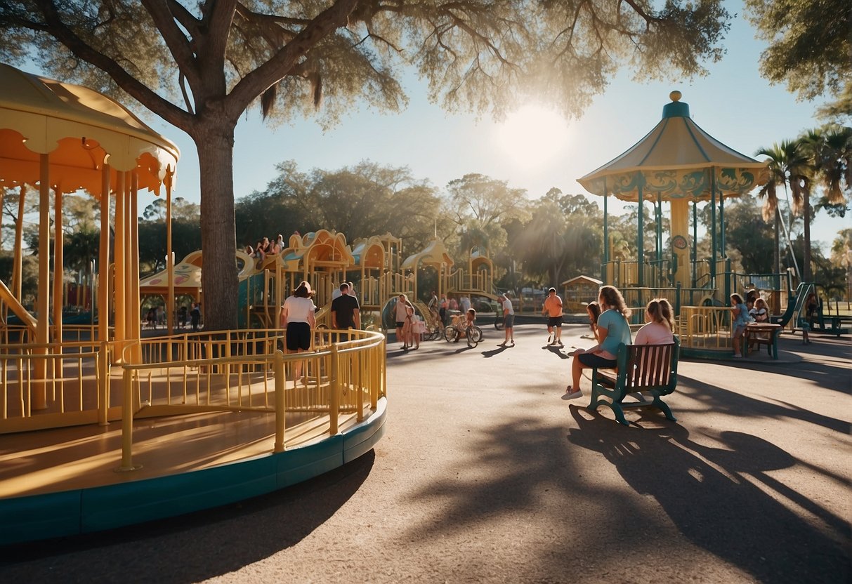 Families enjoying a sunny day at a Tampa park with playground, picnic areas, and a carousel