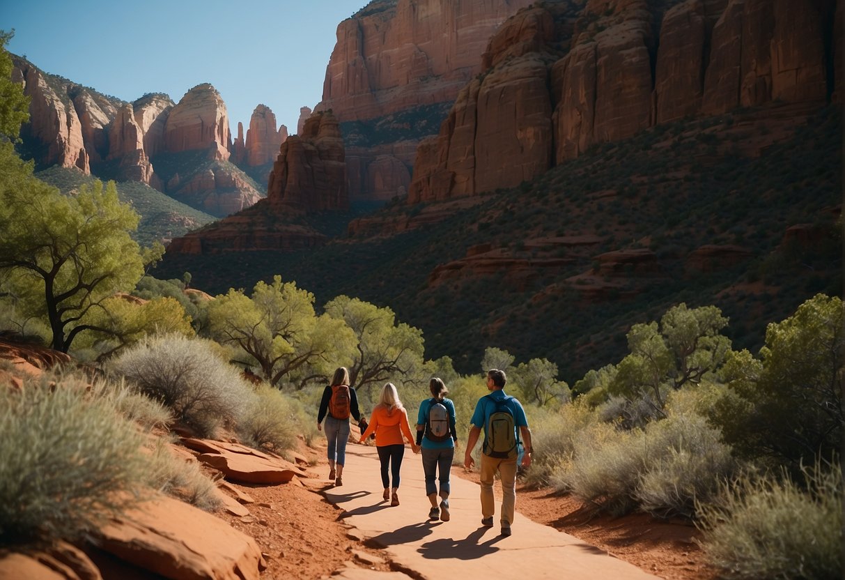 A family hikes through red rock canyons, marveling at towering formations and vibrant desert flora in Sedona's natural wonders