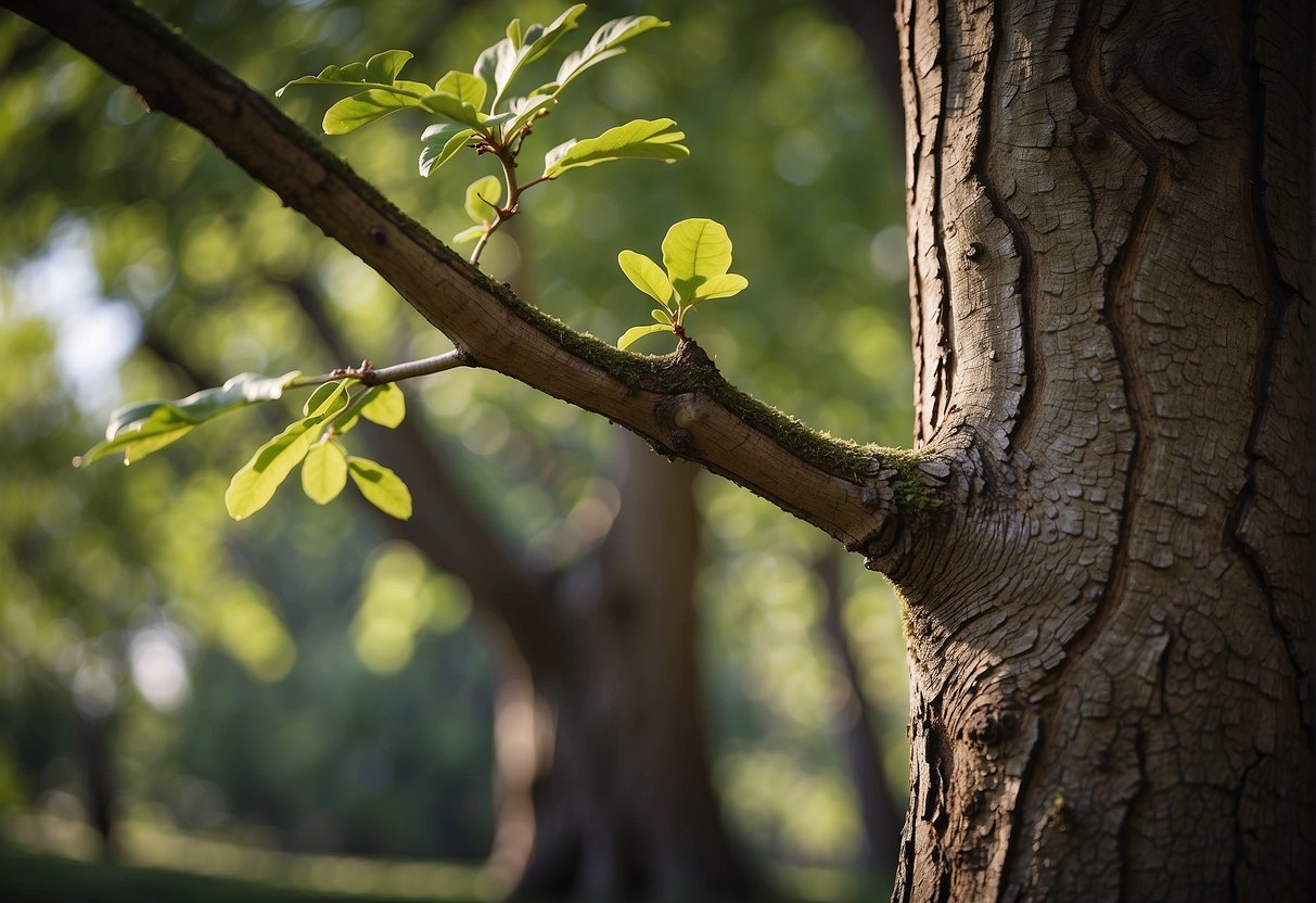 A young sapling reaching out to touch the sturdy trunk of an old oak tree, symbolizing the connection between generations