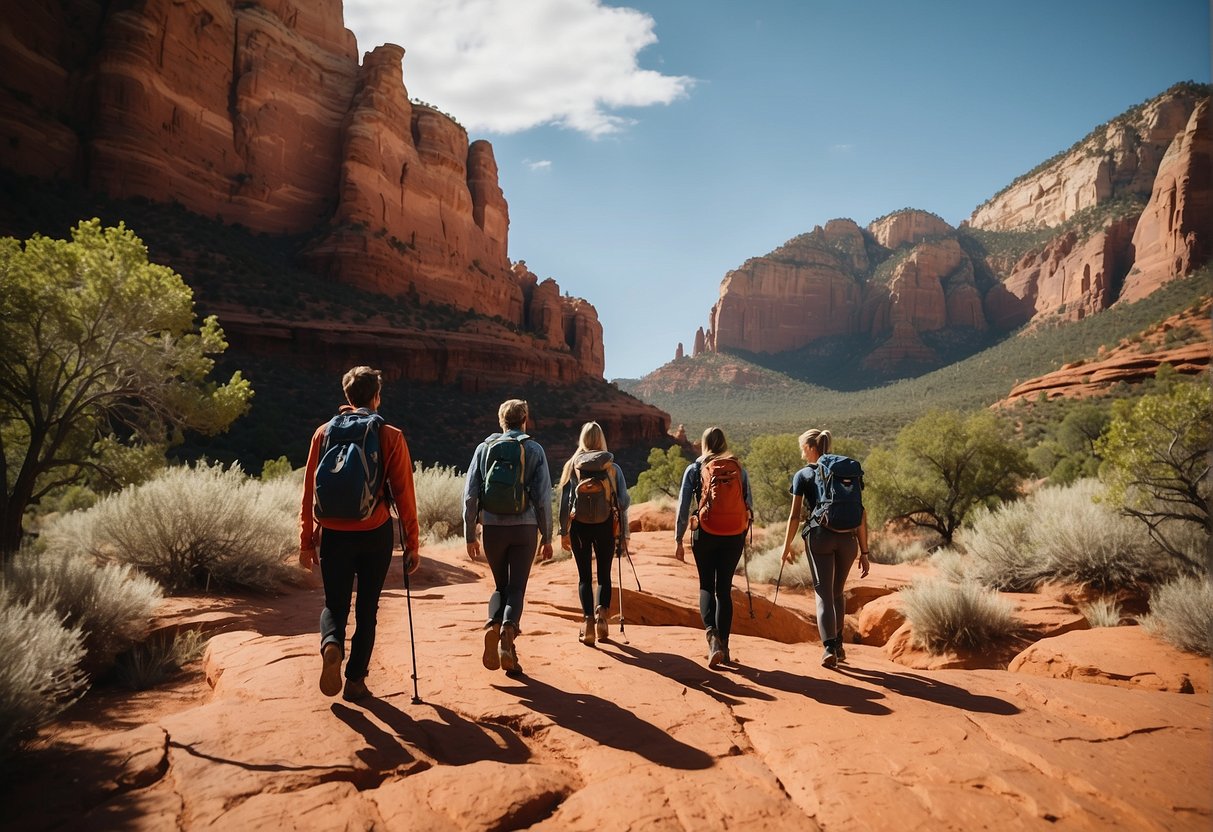 A group of young explorers hike through the vibrant red rock formations of Sedona, Arizona, as they discover hidden caves and ancient petroglyphs, and enjoy outdoor activities like rock climbing and horseback riding