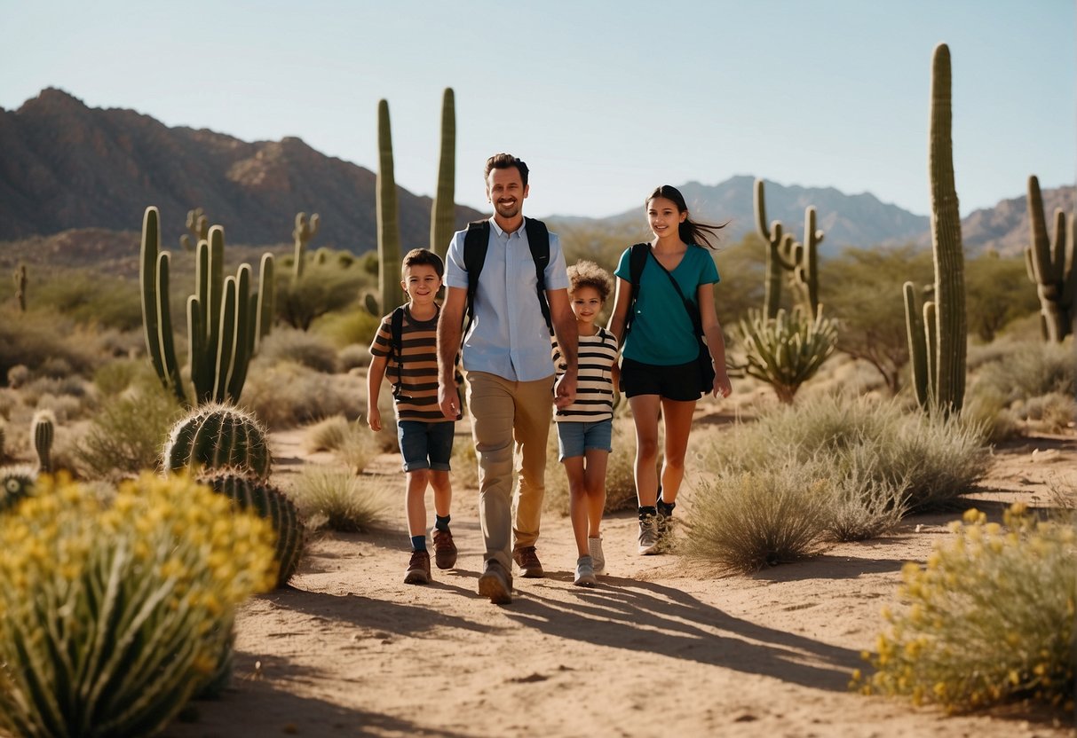 A family hikes through a desert landscape, surrounded by cacti and wildlife. A colorful array of birds fly overhead, while lizards scurry across the sandy ground