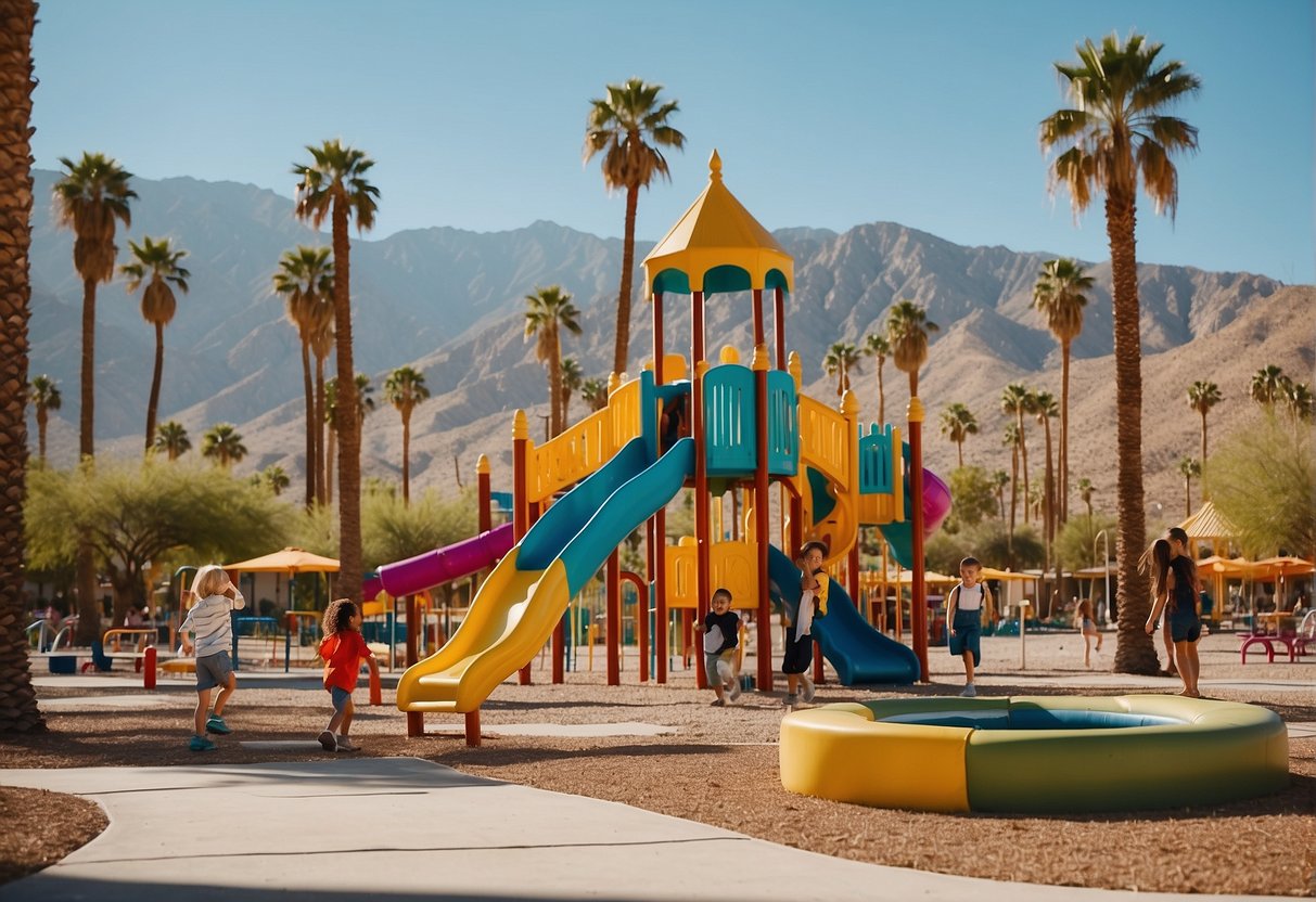 Children playing in a colorful playground with palm trees and mountains in the background. Families picnicking and enjoying outdoor activities in the sunny Palm Springs