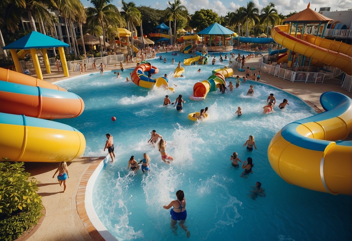 Families enjoy a sunny day at a colorful and bustling water park in Miami, with children splashing in pools and sliding down water slides