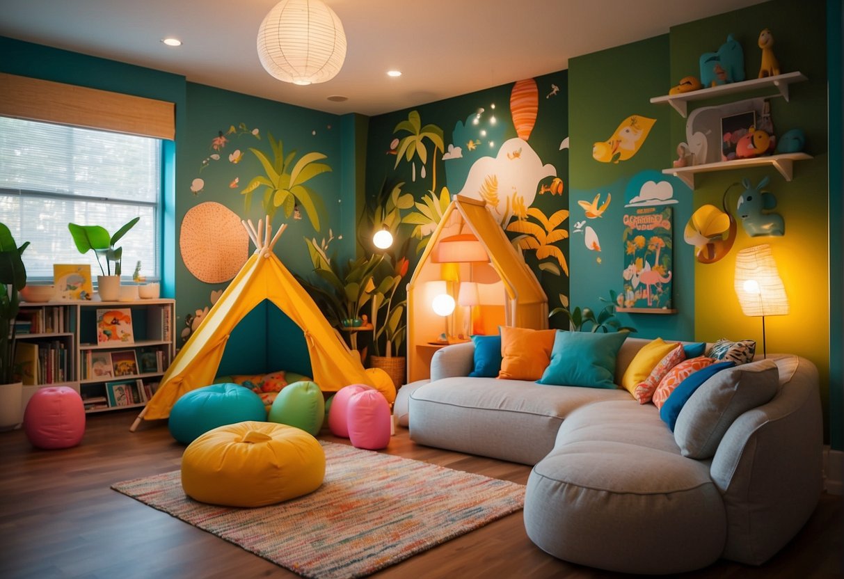 A colorful playroom with educational toys and books, surrounded by bright, tropical-themed murals. A cozy reading nook with bean bags and a mini art station