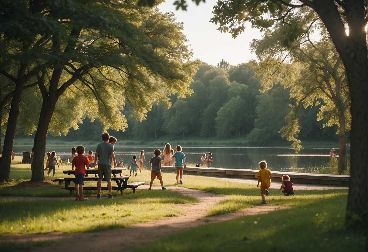 Children playing in a lush park with a playground, families picnicking by a tranquil lake, and kids exploring a nature trail surrounded by trees and wildlife