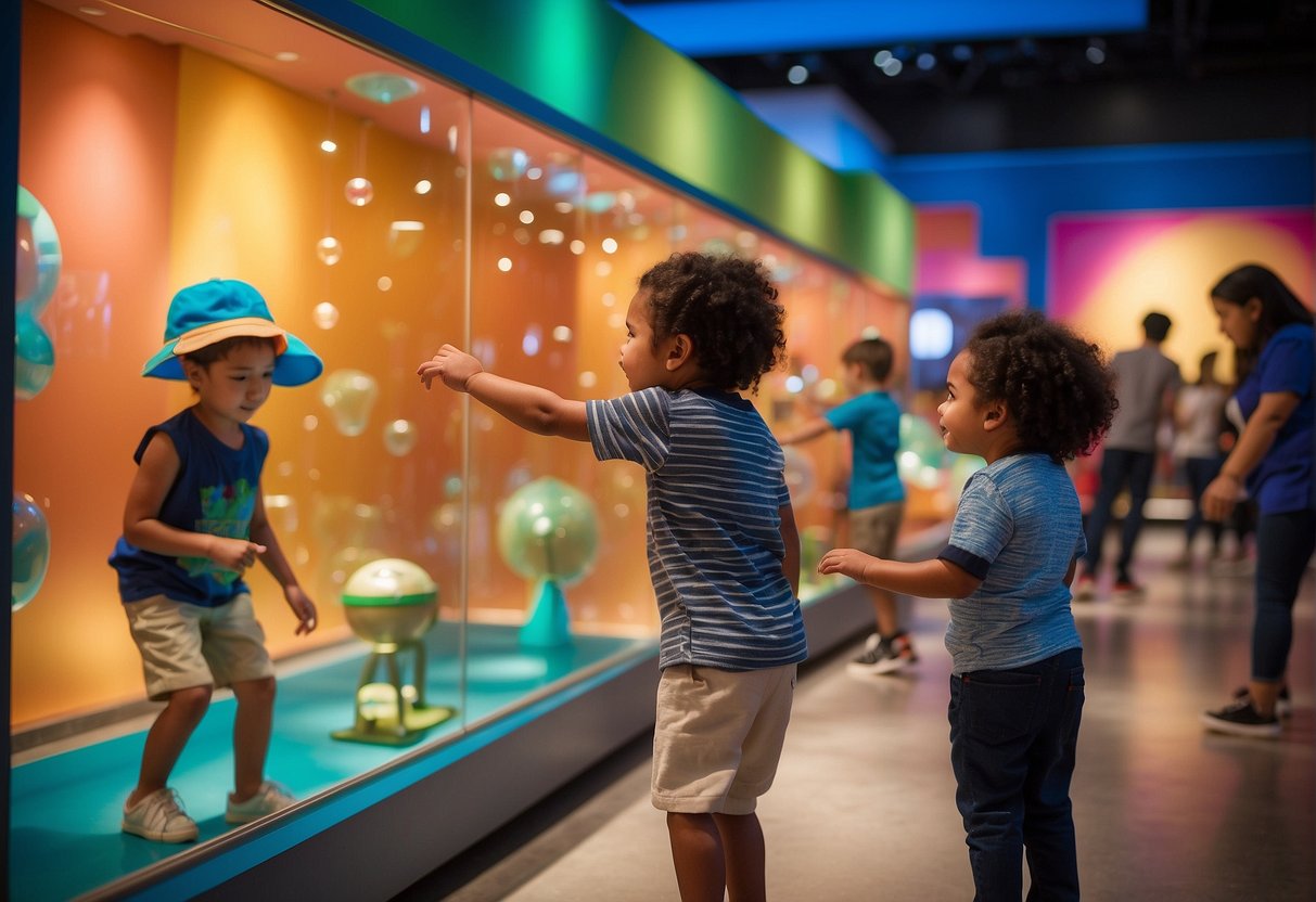 Children explore interactive exhibits at a Houston museum, learning through play and discovery. Bright colors and engaging activities fill the space