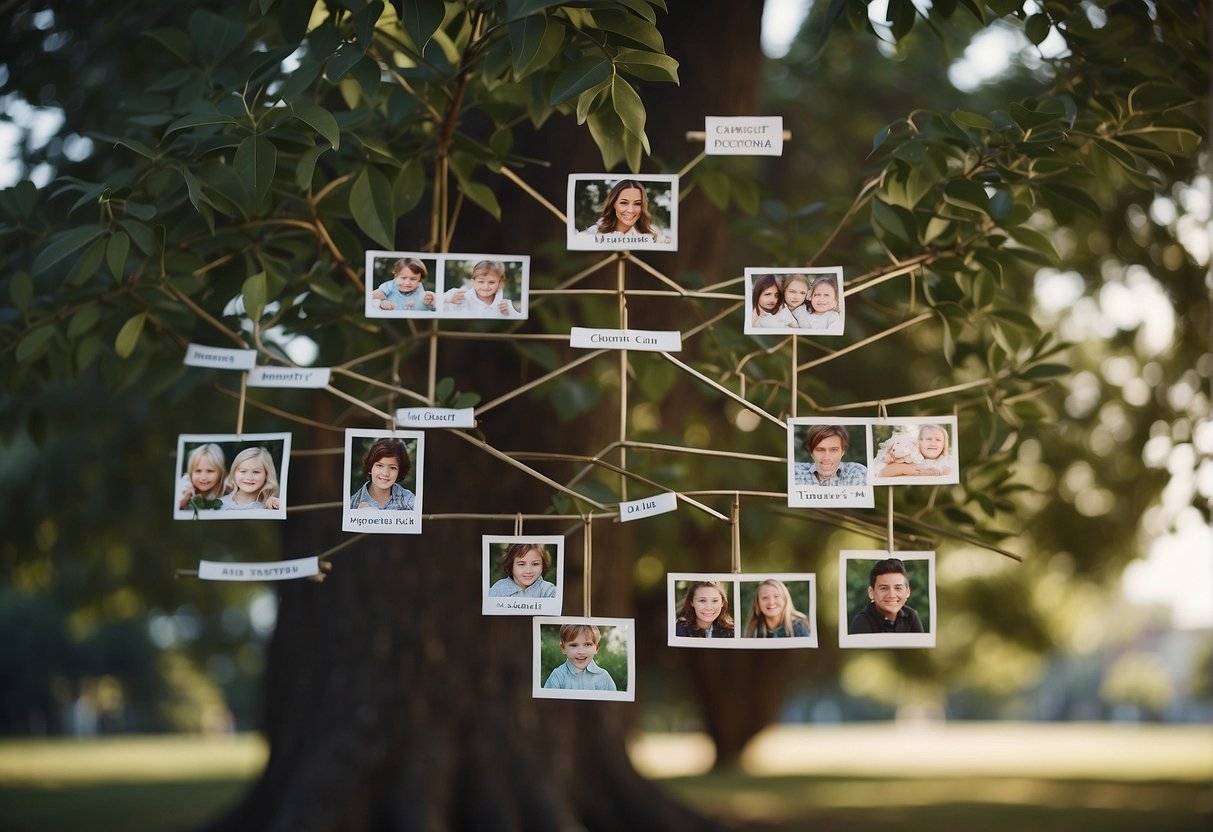 A family tree with labeled branches showing the relationship between "my cousin's kid" and "me."