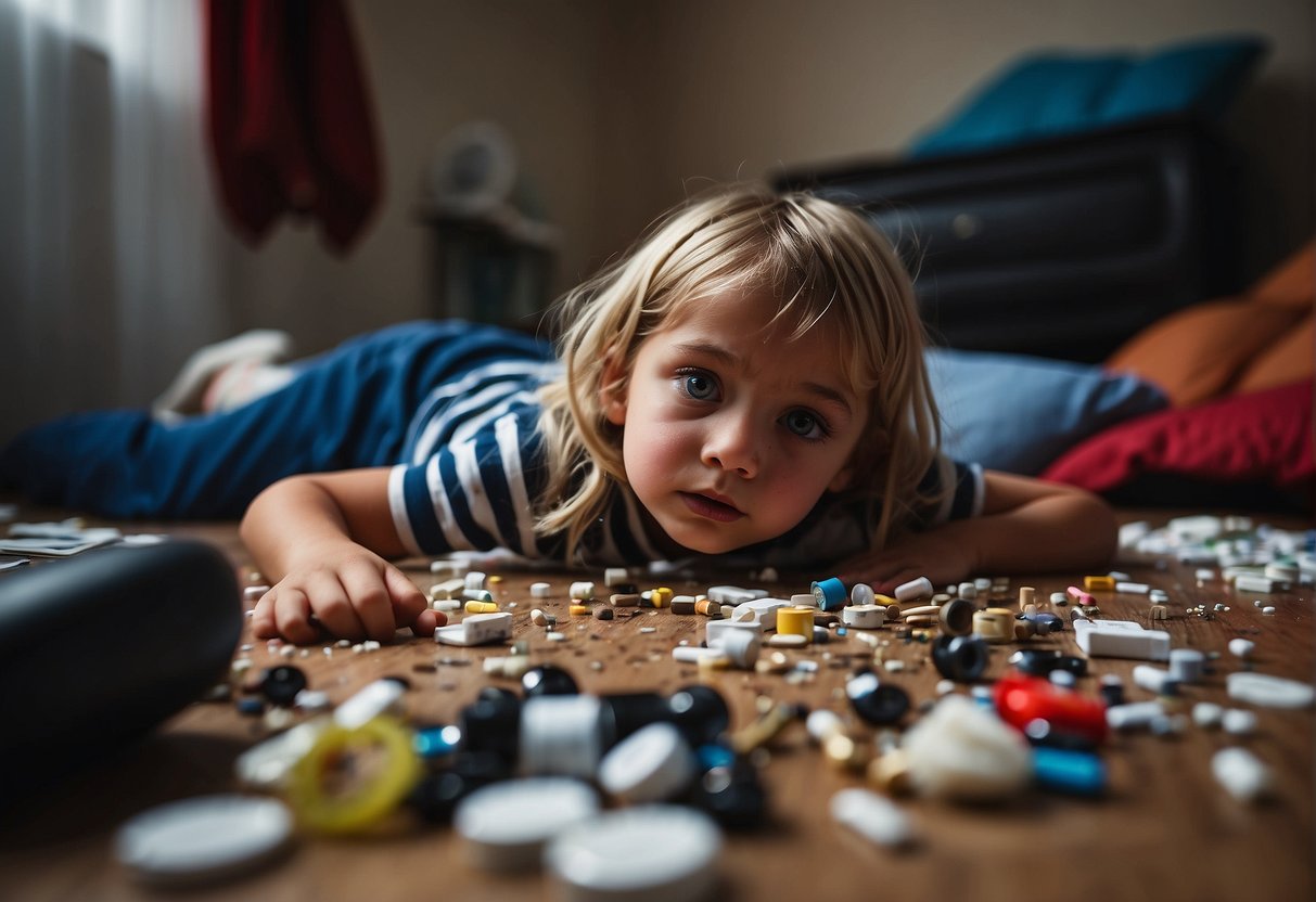 A messy room with drug paraphernalia scattered around, red eyes, dilated pupils, and erratic behavior in a child