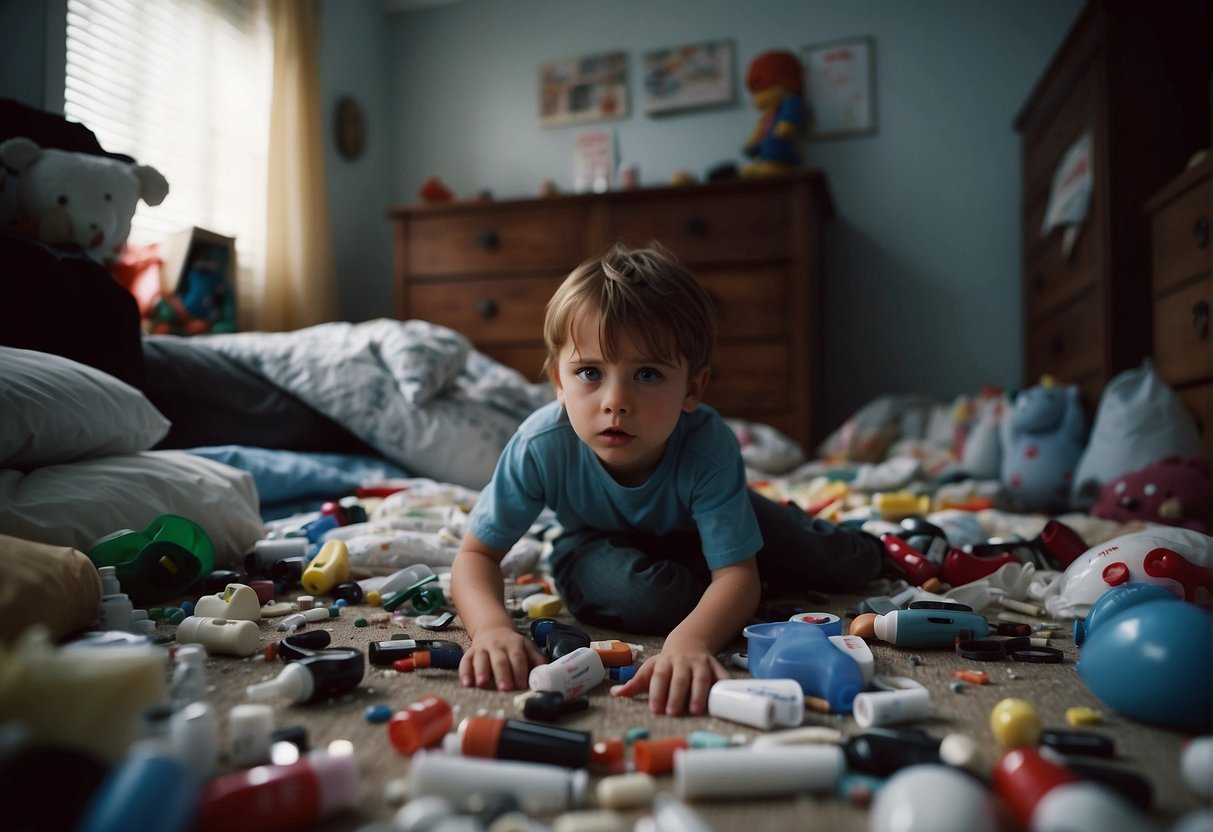 A messy bedroom with scattered drug paraphernalia, red eyes, and a disheveled appearance. A suspicious odor lingers in the air as the child exhibits erratic behavior