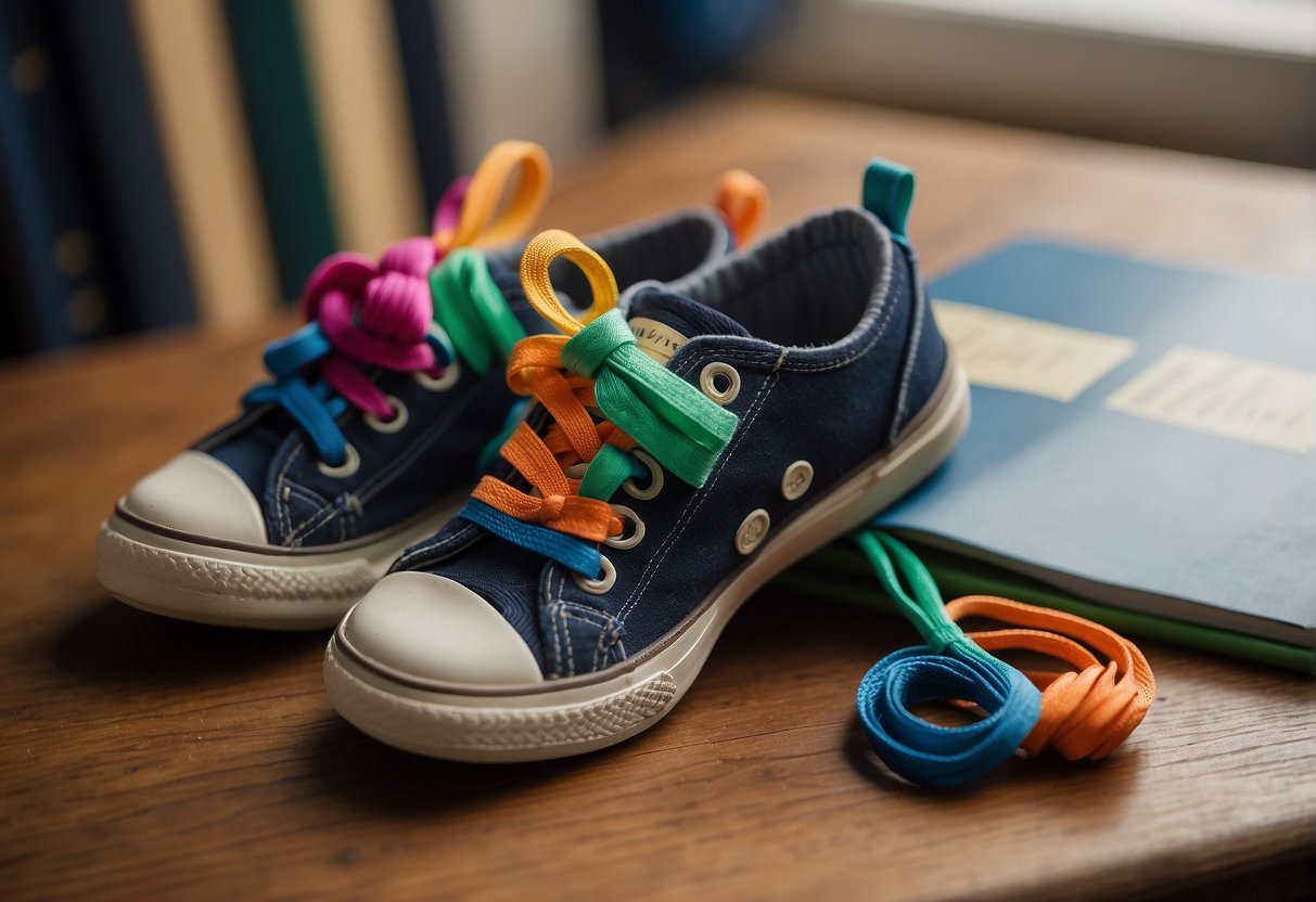 A child's untied shoe next to a picture book on how to tie shoelaces, with a small knot diagram and a pair of colorful shoelaces nearby