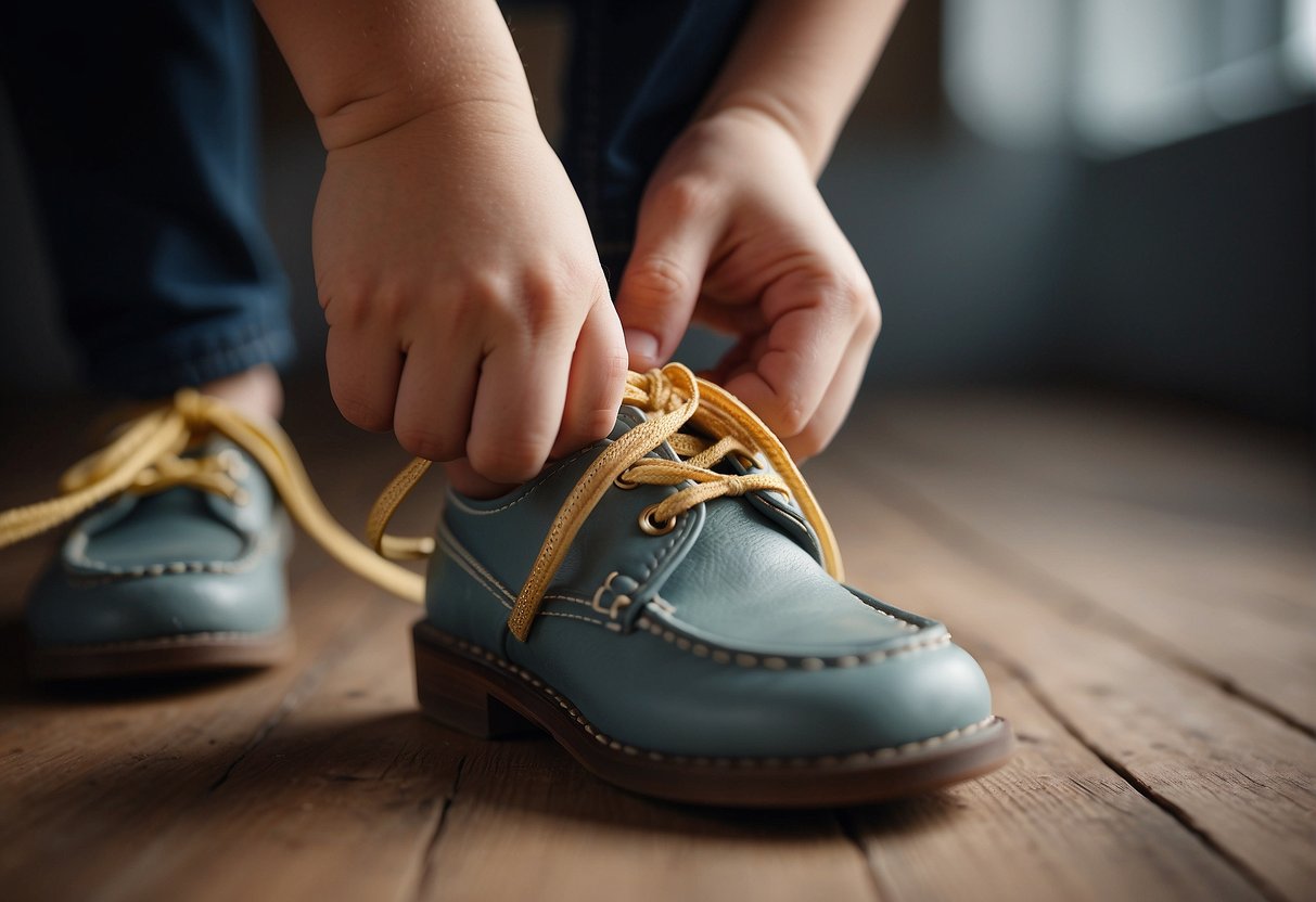 A child's shoe with laces being tied into a neat bow by a pair of small hands. A step-by-step visual guide for teaching kids how to tie their shoes
