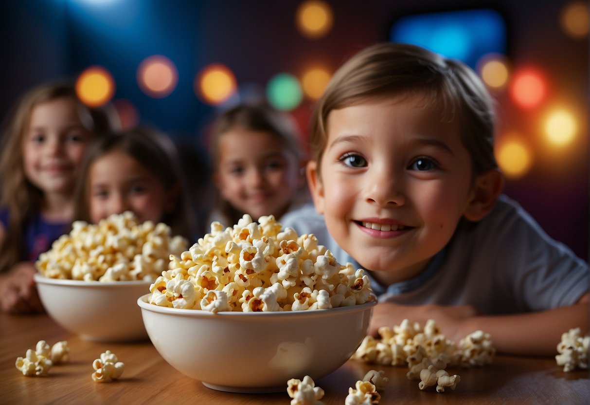 A bowl of popcorn surrounded by images of children of different ages, with a prominent "Health Benefits" sign
