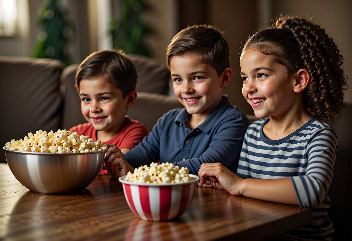 Children, aged 4 and up, sit at a table with a bowl of popcorn. An adult stands nearby, showing them how to eat the snack safely