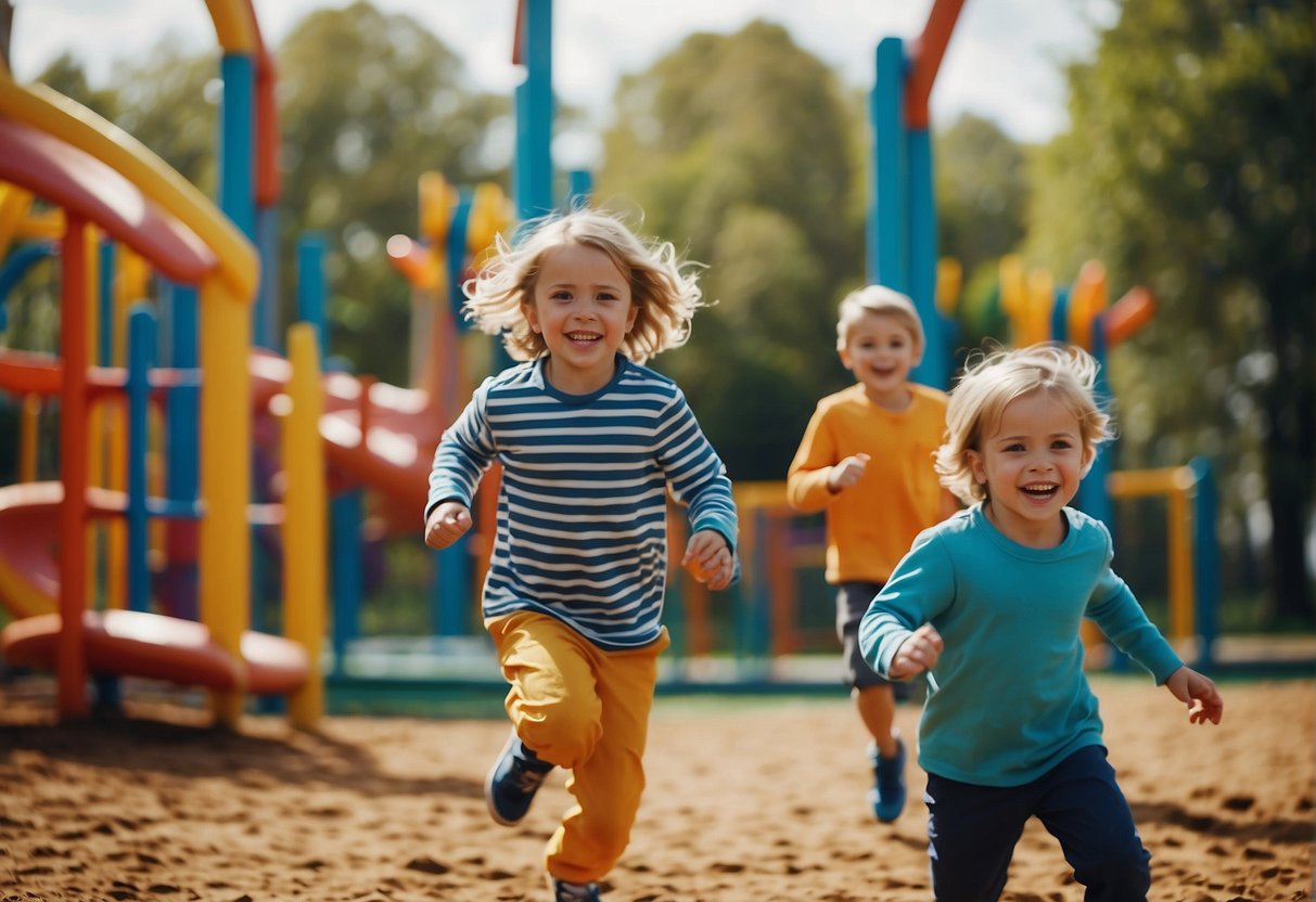 Children running and playing in a colorful, imaginative playground, exploring various activities to combat boredom