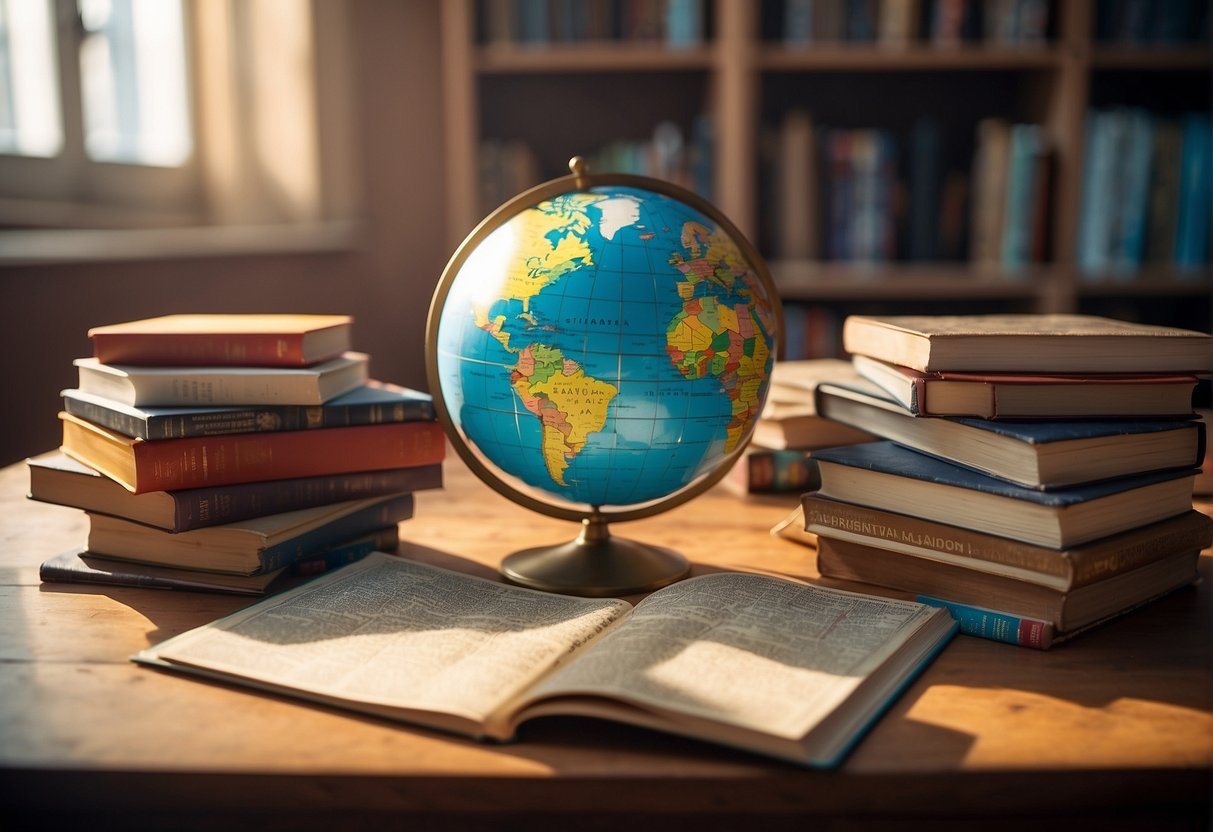 Colorful books, puzzles, and games scattered on a bright, organized desk. A globe and map on the wall. Sunlight streaming in through the window