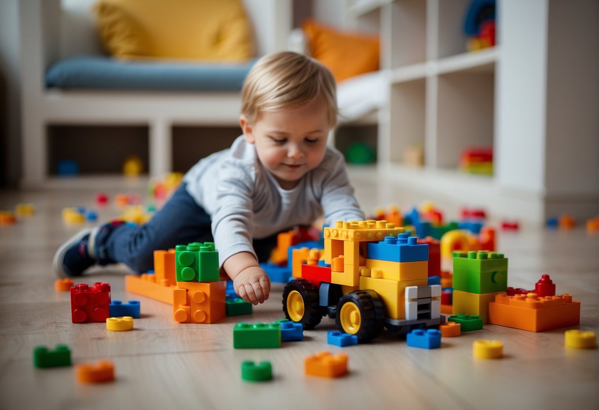 A toddler stacking colorful blocks on the floor, while a preschooler plays with a toy car and a school-aged child builds a complex Lego structure