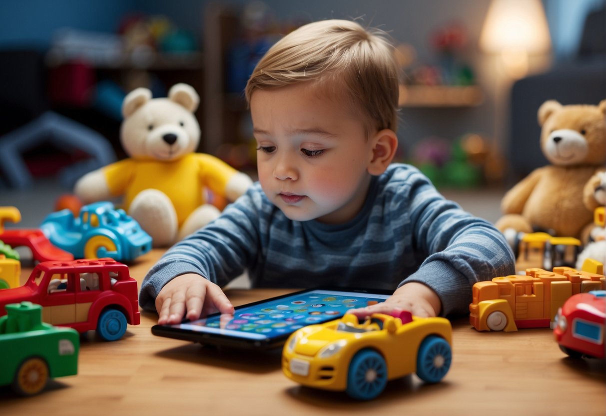 A child plays with a tablet while surrounded by a variety of toys, including building blocks, stuffed animals, and toy cars