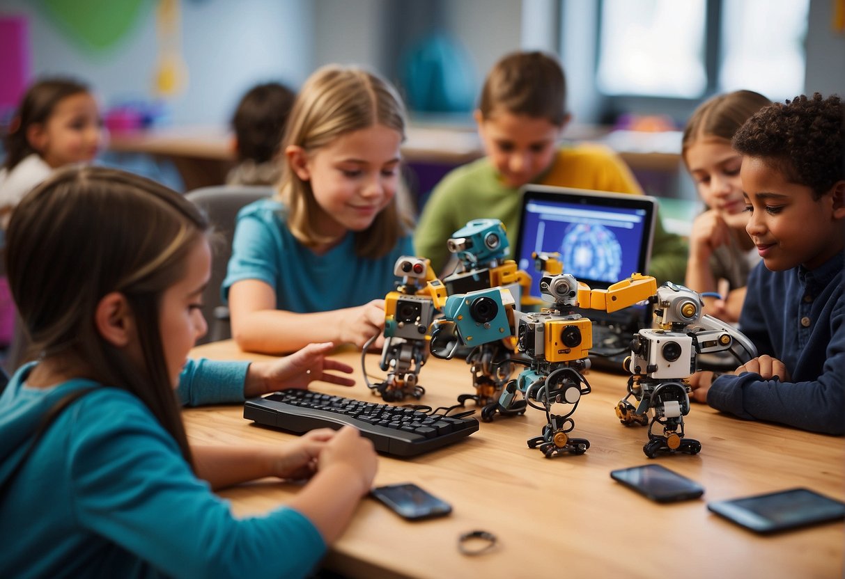 A group of children working on building robots, conducting science experiments, and coding on computers in a colorful and dynamic classroom setting