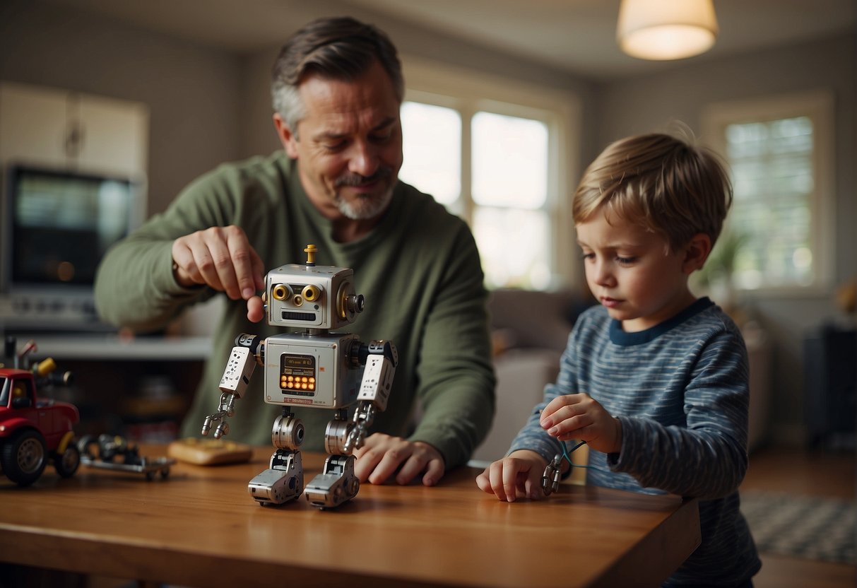 A child building a robot using household items, while a parent explains the science behind it