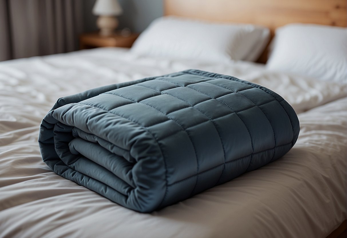 A child's weighted blanket, made of soft, durable materials, lies neatly folded on a bed. A label indicates the recommended size for kids